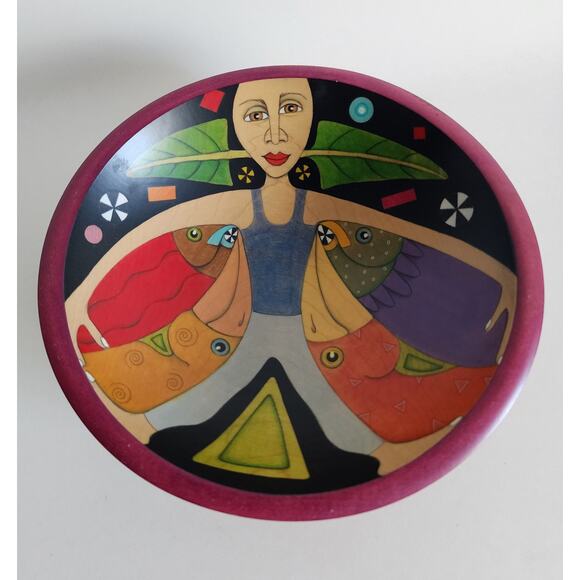 Hand-Painted Signed JA★G 2002 Wooden Bowl Folk Art Woman Fish Triangle Design